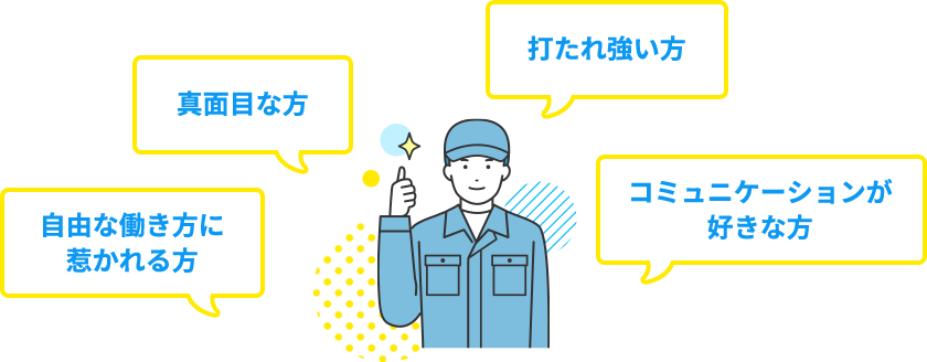 打たれ強い方、真面目な方、自由な働き方に引かれる方、コミュウにケーションが好きな方